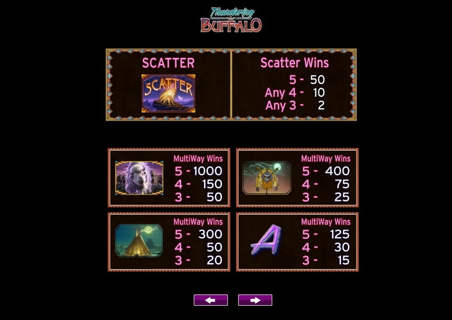 The symbols and payouts of the Thundering Buffalo slot machine.