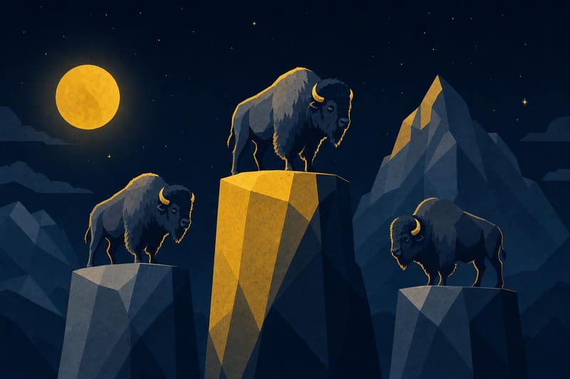 Illustration of three bison on rock ledges of different heights