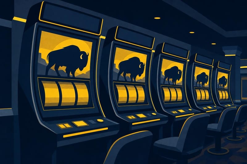 Illustration of a row of slot cabinets with bison artwork in a dim casino hall